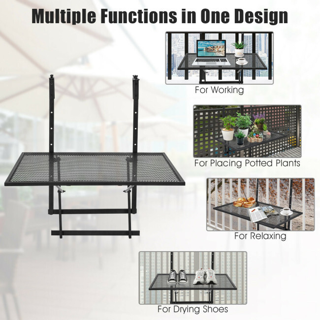 Patiojoy Folding Hanging Table Adjustable Balcony Railing Table Patio Deck Black