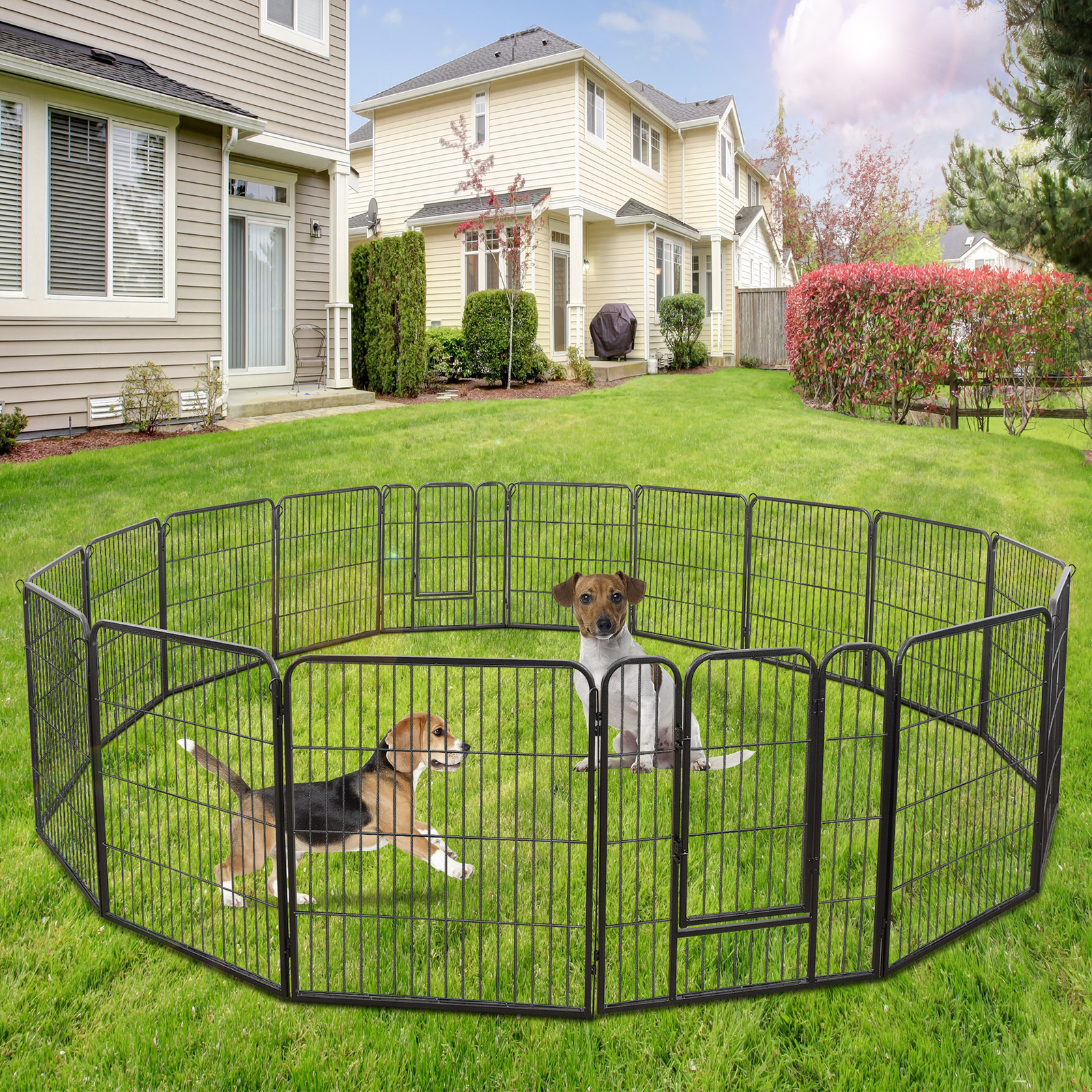 16 Panels 32Inch Dog Pen Fences 2 Doors Metal Barrier for Small/Medium Dogs