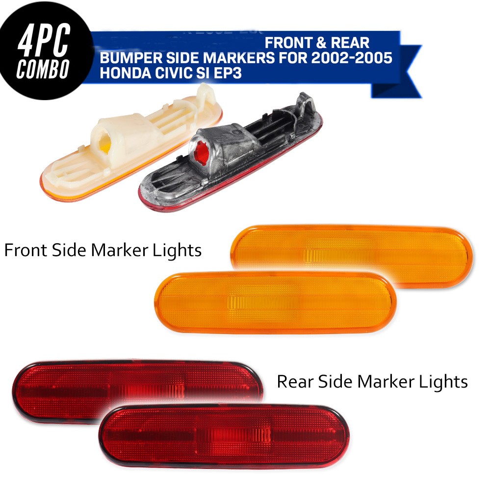 4X Amber Front+Red Rear Side Marker Lights For 2002-2005 Honda Civic Si EP3 3DR