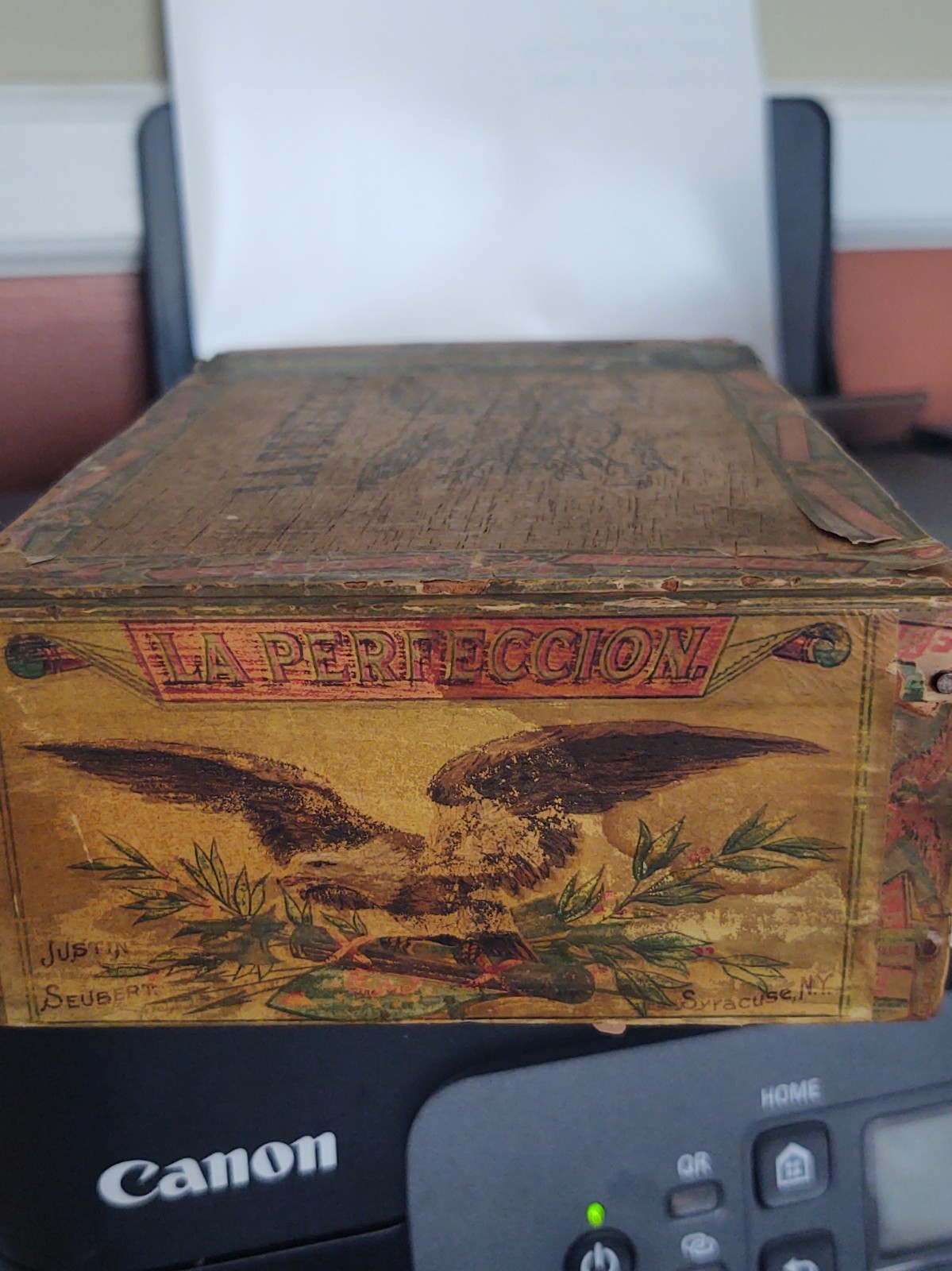 Antique Wood Cigar Box Justin Seubert , American Eagle , Retail label Towanda