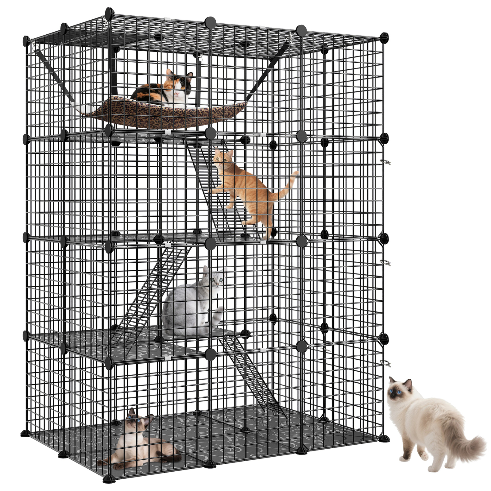 4-Tier Cat Cage DIY Enclosures Large Space Cat Crate Playpen with Hammock Black