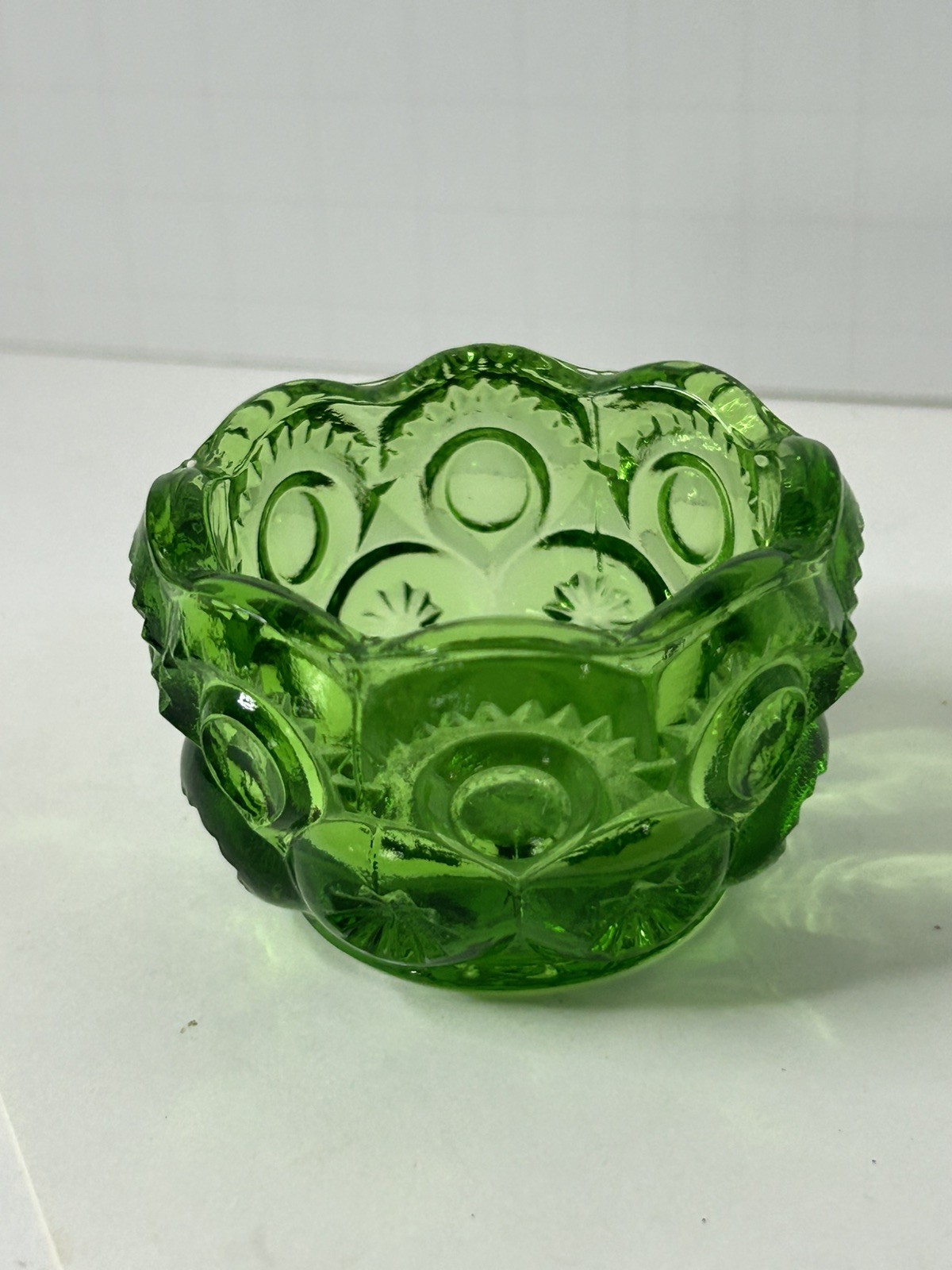 Vtg L.G.Wright Emerald Green Glass Moon-and-Stars Open Salt Dip, Cellar, 1960's