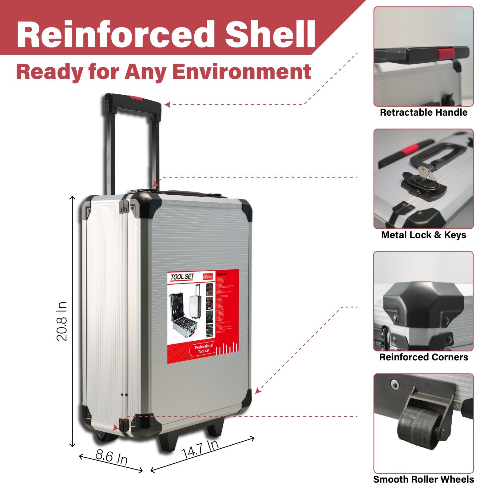 Tool Box with Tools 515 pcs Household Tool Set with Aluminum Trolley Case