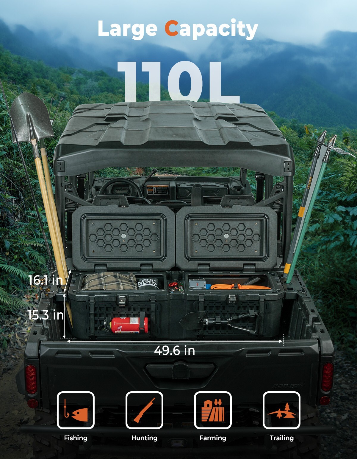 110L UTV Cargo Storage Bed Box for Can Am Defender HD5 HD8 HD10 Max 2016-2023