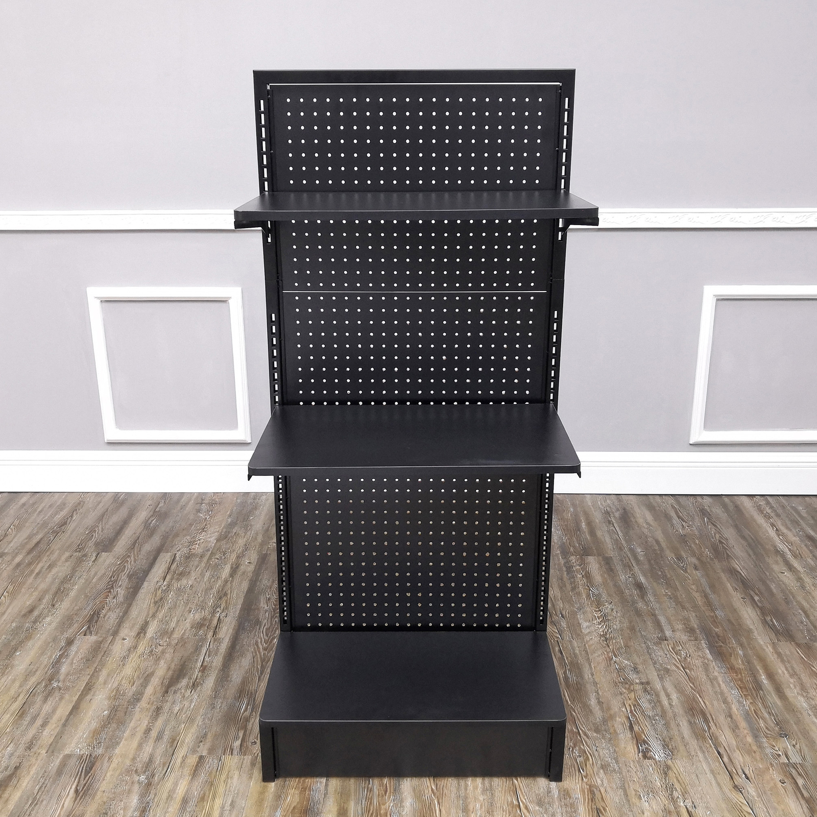 24.0" Wide Gondola Rack Stand with Two Shelves Black Pegboard Display