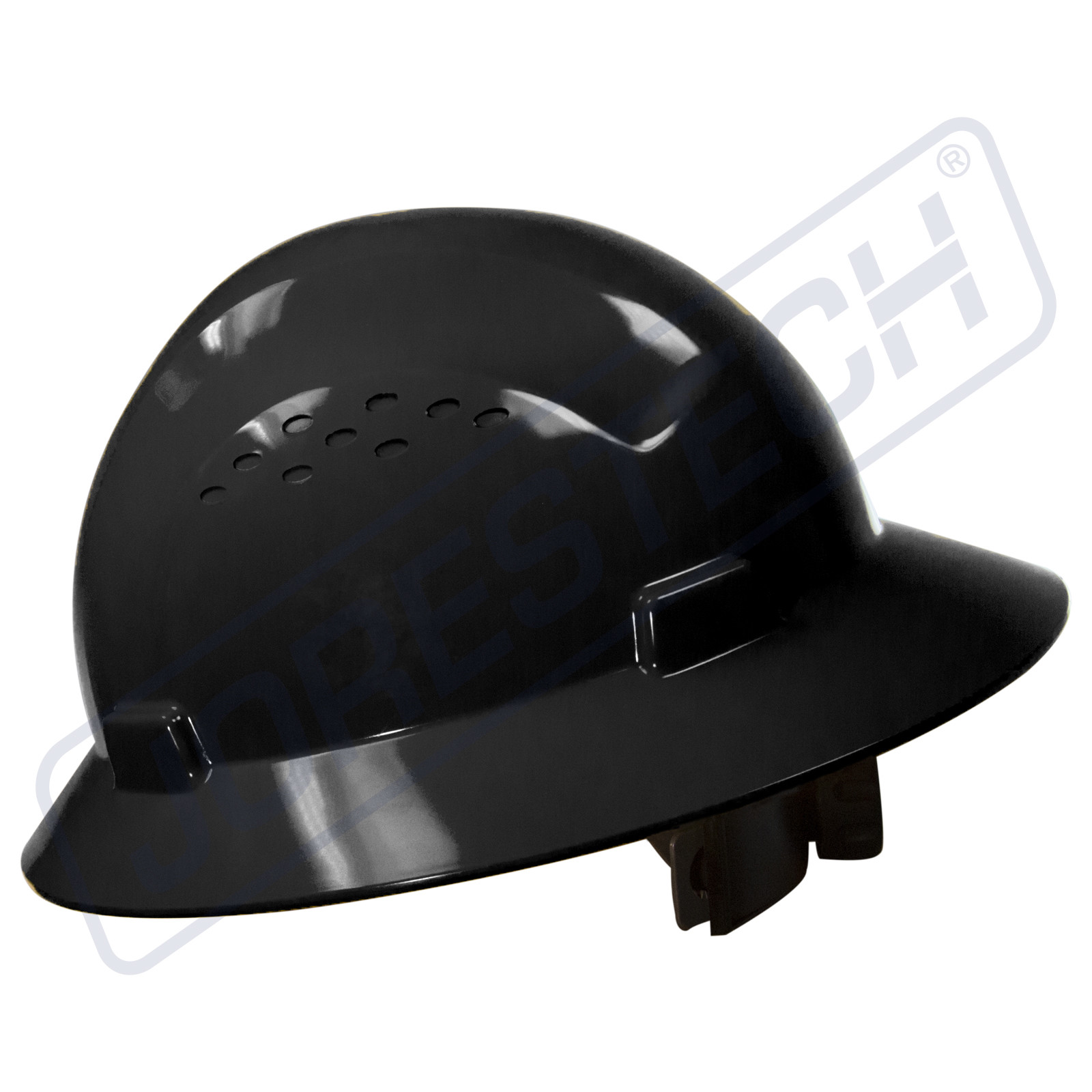 BLACK HARD HAT FULL BRIM JORESTECH 4 POINT RATCHET SUSPENSION CONSTRUCTION