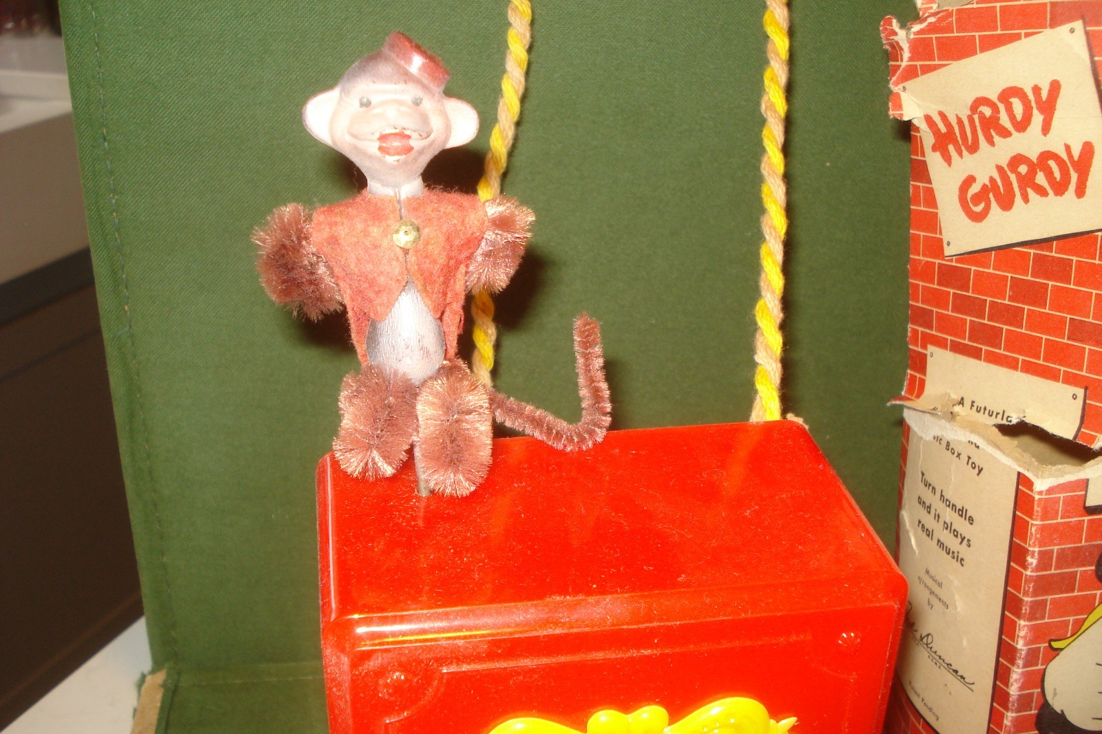 Vintage 1950's Hurdy Gurdy w/ Dancing Monkey Music Box Toy & Box Mattel, WORKS