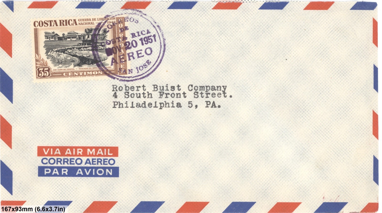 1951 Costa Rica Airmail Cover Liberation Issue 35c San Jose To USA