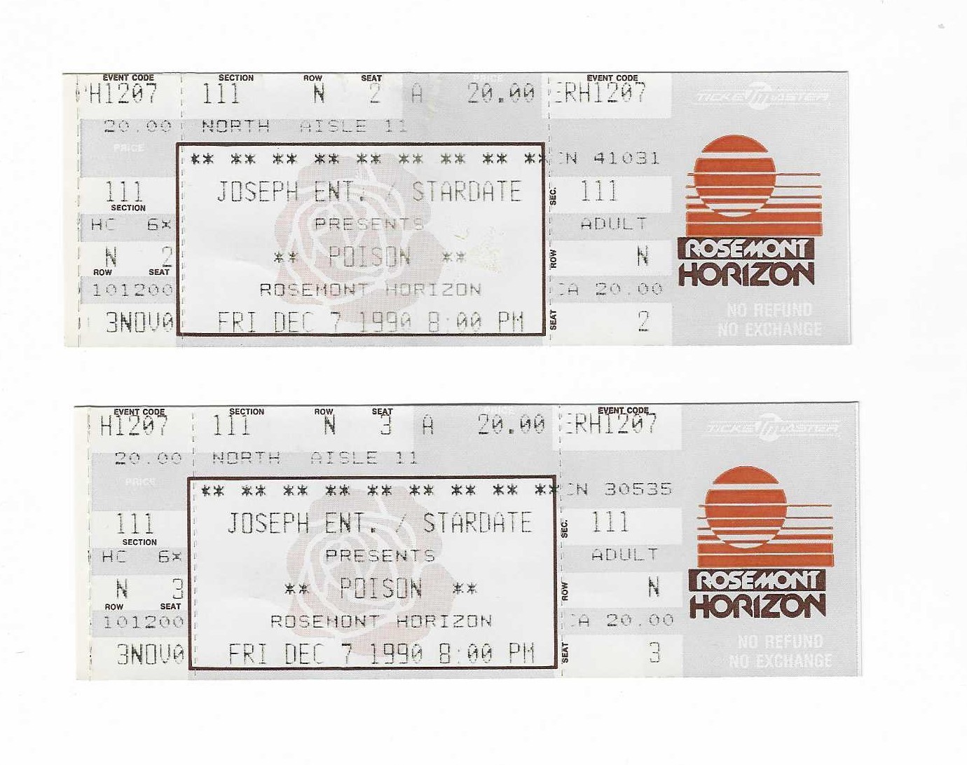 Poison Unused Concert Tickets from December 7, 1990
