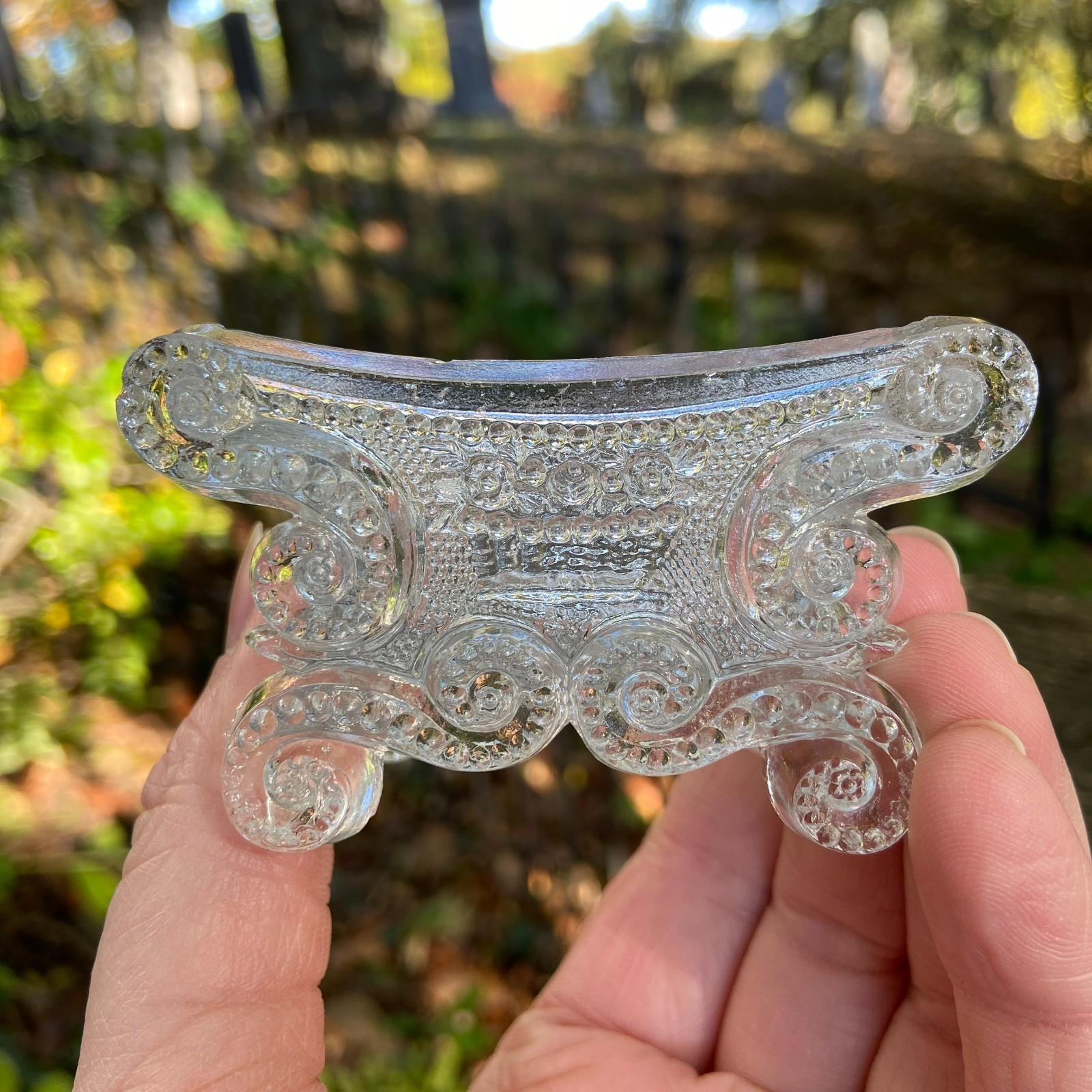 Antique 1830s Lacy Flint Glass Beaded Scroll + Basket of Flowers Open Salt BS-3A