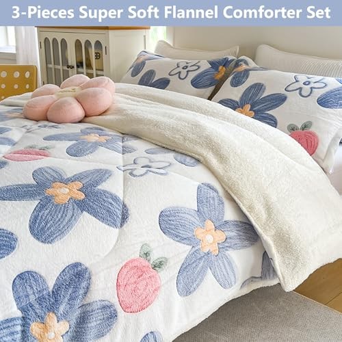 Fleece Comforter Set - 3 Piece Queen Size Thick Queen(90"x90") Blue Floral