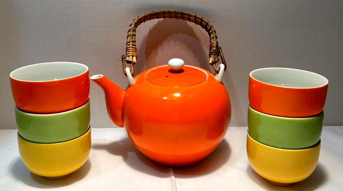 Ratan Handle Ceramic Orange Tea Pot and 6 Cups Made in Japan