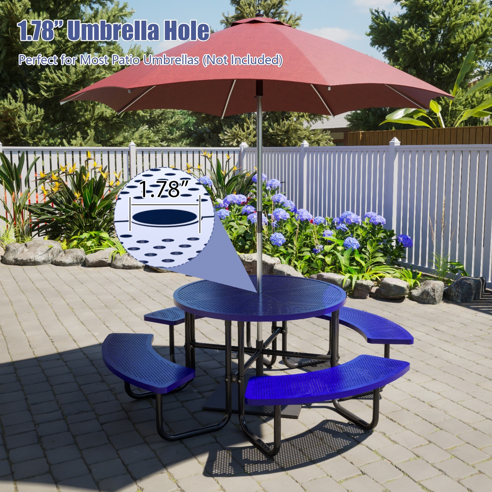 8 Seater Round Garden Picnic Table Set with Parasol Hole & 4 Benches