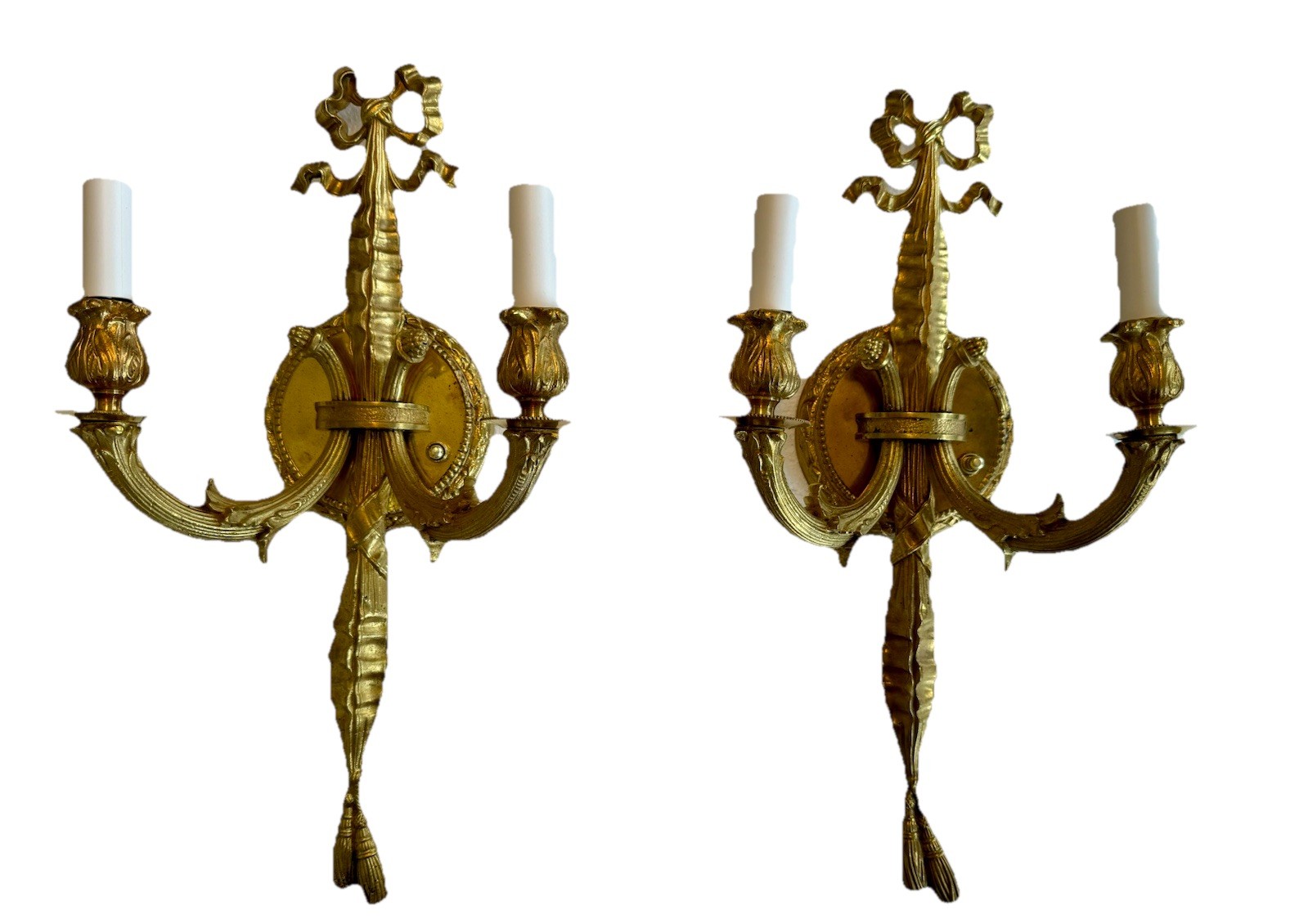PAIR Antique French Gilt Brass Rope Bow Tassels Wall Sconce Candelabras A1