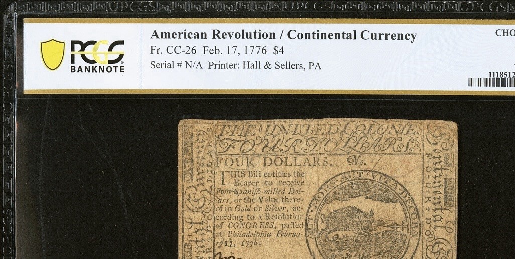 1776 American Revolution $4 Continental Currency, Colonial Banknote CC-26, PCGS