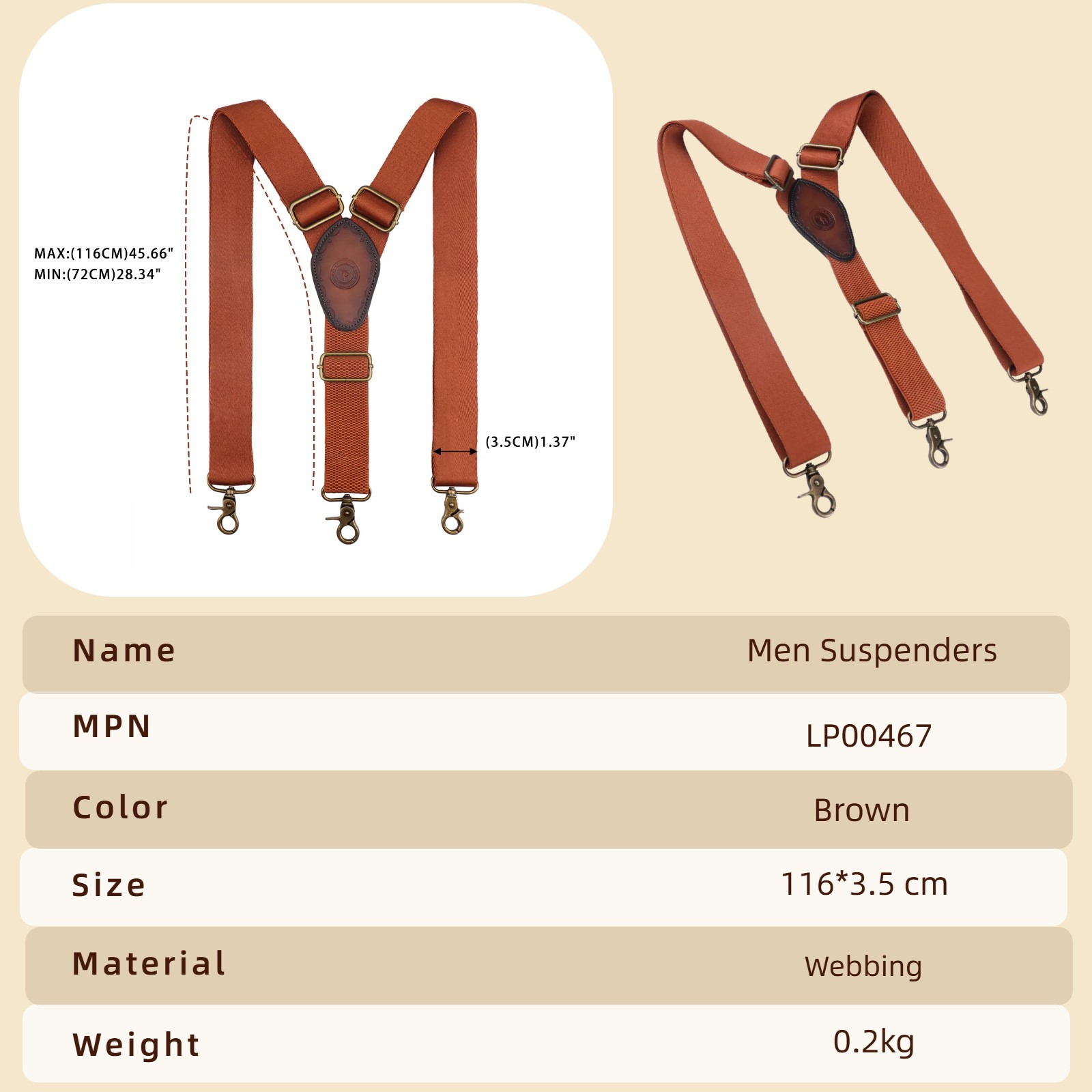 Tourbon Men's Suspenders Y Back Adjustable Y-Shaped Hooks Pants Braces Nonslip