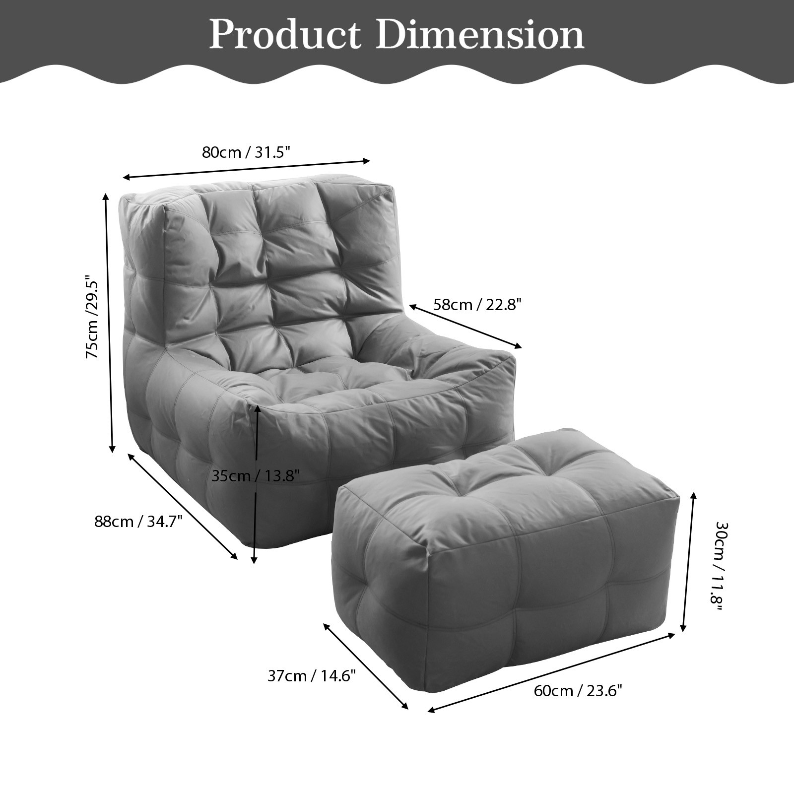 Giant Bean Bag Chair with Ottoman Comfy Lazy Sofa Lounger Seat for Adults