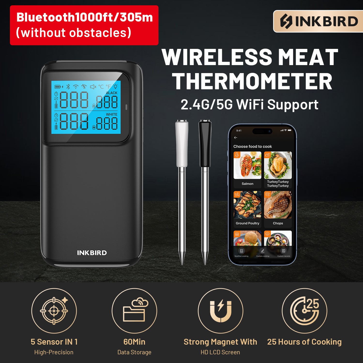 INKBIRD Multi-Sensor Meat Thermometer BBQ Cooking 1000ft/305m Remote Control