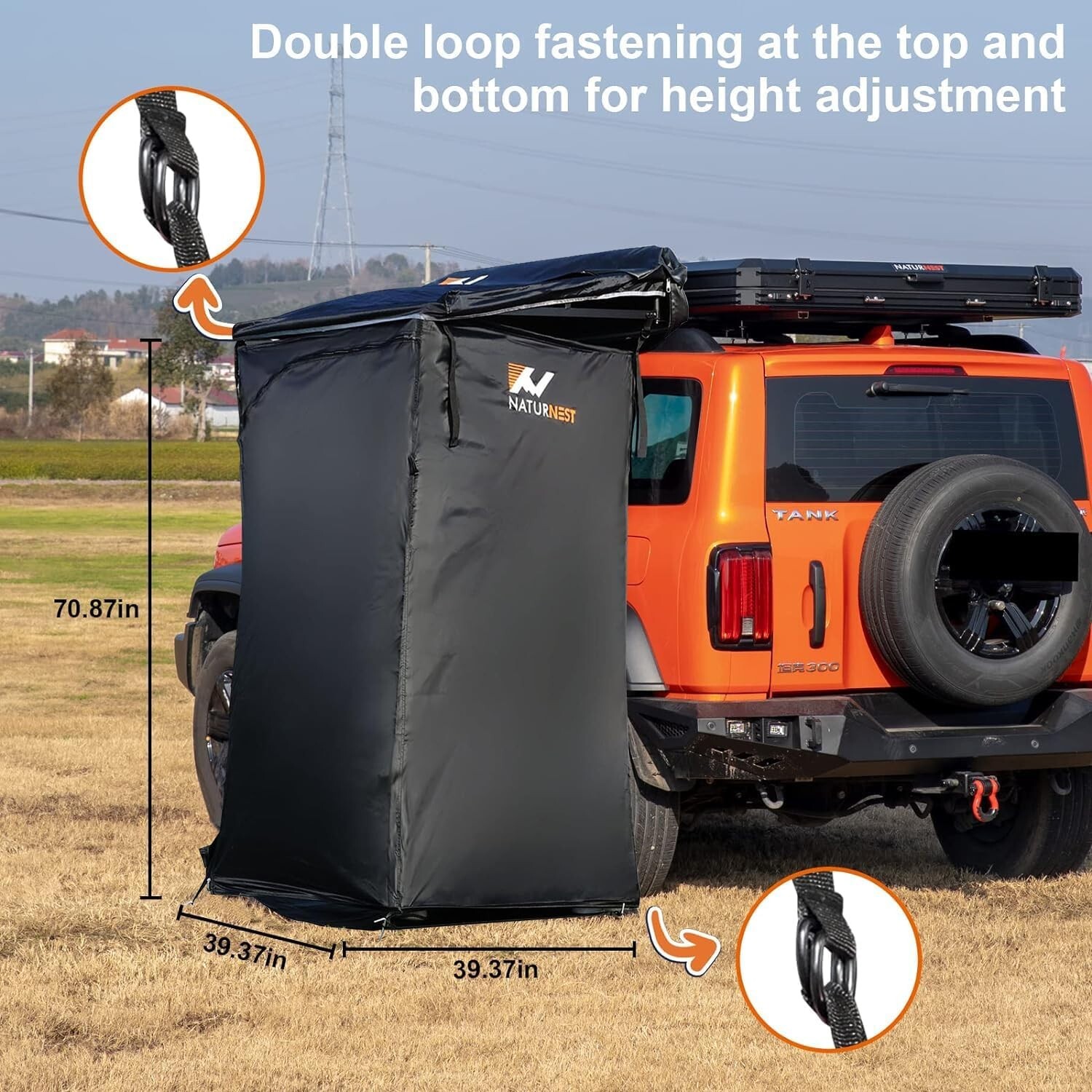 Naturnest Car Camping Shower Tent Overland Shower Awning with Roof LED Floor Mat