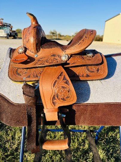 Youth Western Barrel Saddle | Floral Tooled | 8 " -Pink/Purple/Turquoise/Brown