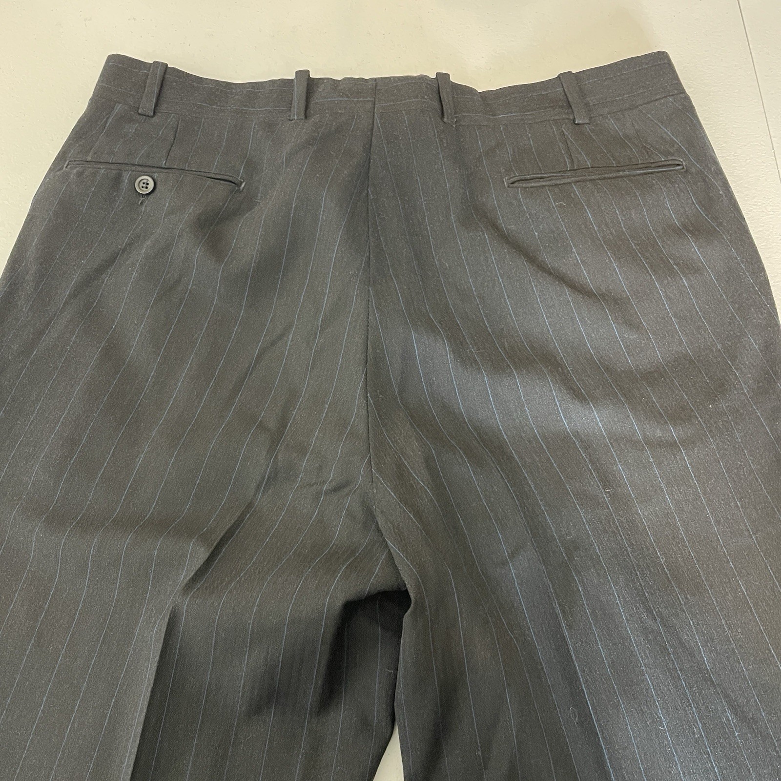 Paul Cicchini Bespoke 2 Piece Suit Mens 46XL 38x33 Black Blue Striped Wool USA