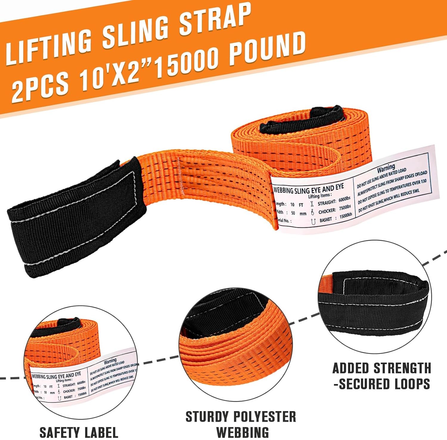 2 Pcs 2" x10FT Heavy Duty Nylon Lifting Sling Strap, 15000lb Capacity Super Stur