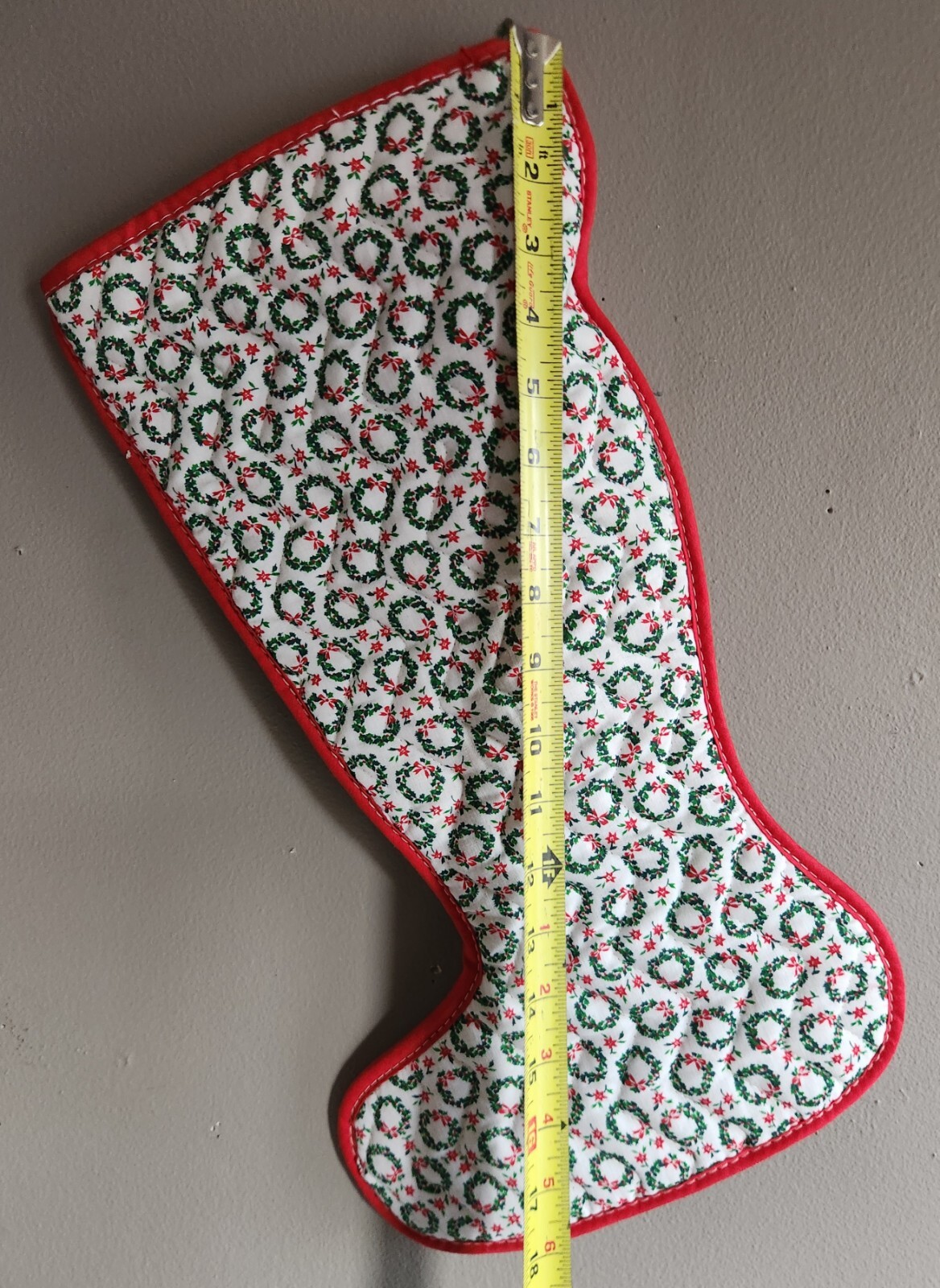 Christmas Stocking White with Green Wreaths & Red Poinsettia Pattern