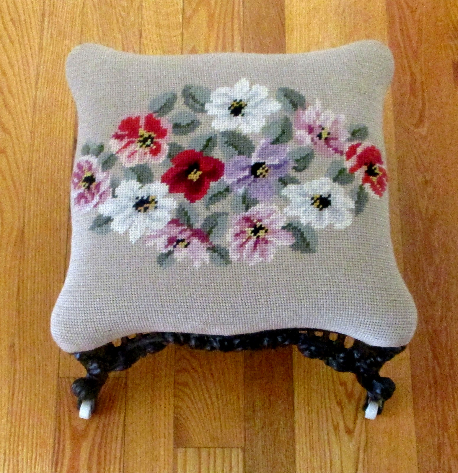 Atq Victorian Cast Iron Footstool Ottoman Ornate Rococo Base Floral Needlepoint