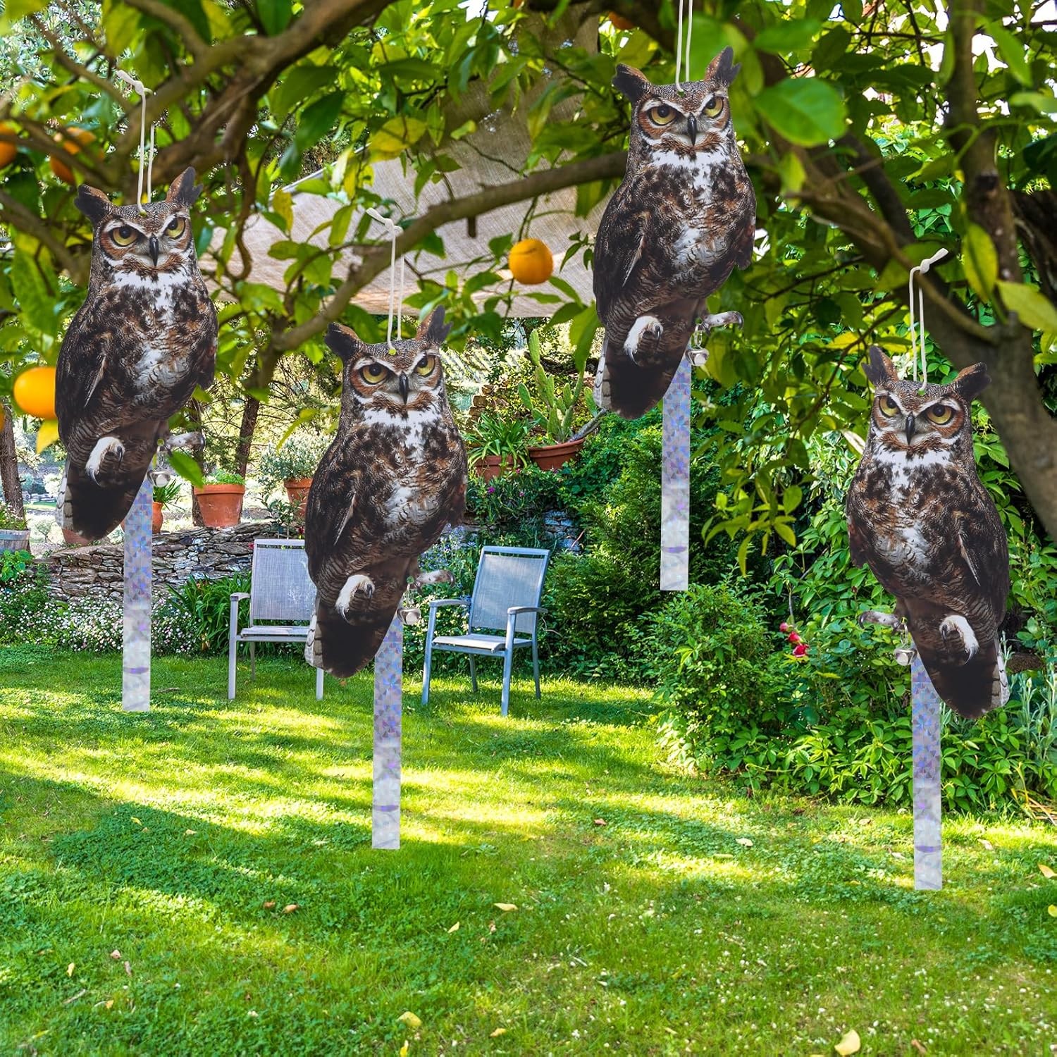 Bird Scarer, 4Pack Fake Owl Hanging to Keep Birds Away Mighty Hawks 4pcs