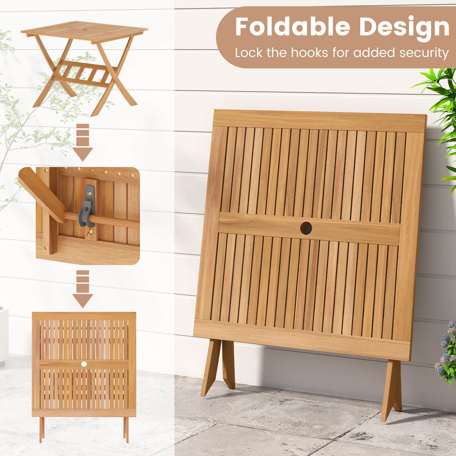 Acacia Wood Folding Table 36” Patio Dining Table with Slatted Tabletop