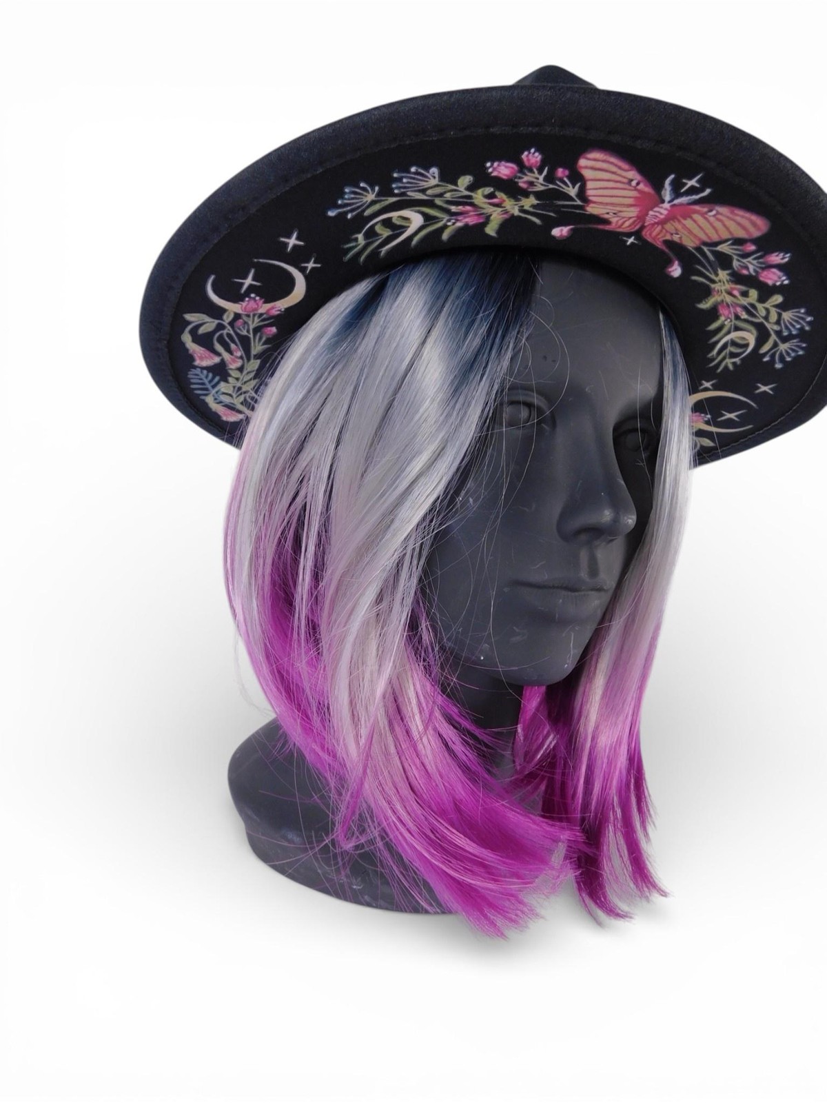 Wide Brim Fedora Hat Womens 7 1/8 Black Embroidered Butterfly Moon Floral Boho