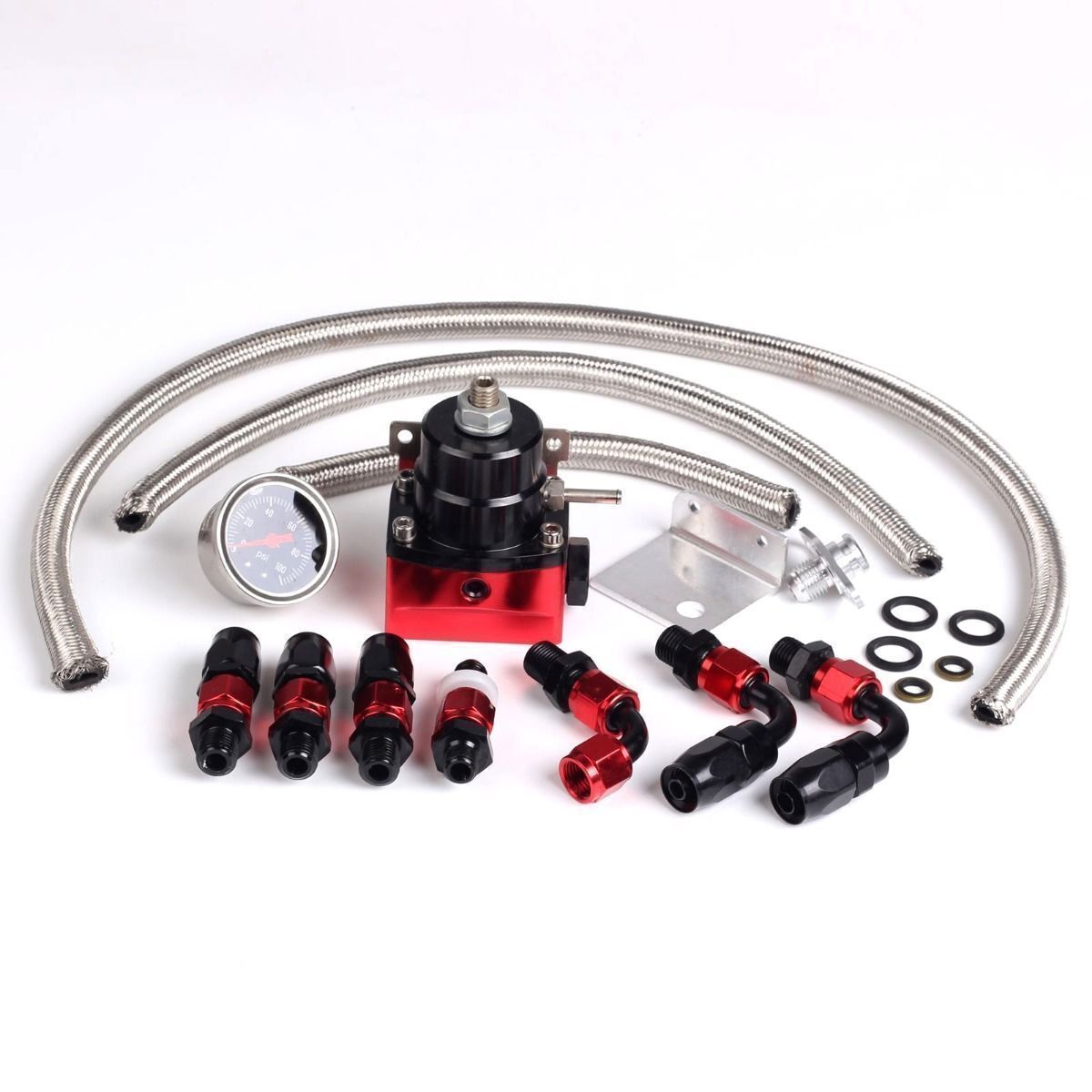 Black-Red Adjustable Fuel Pressure Regulator Kit Oil 0-100psi Gauge -6AN AN6