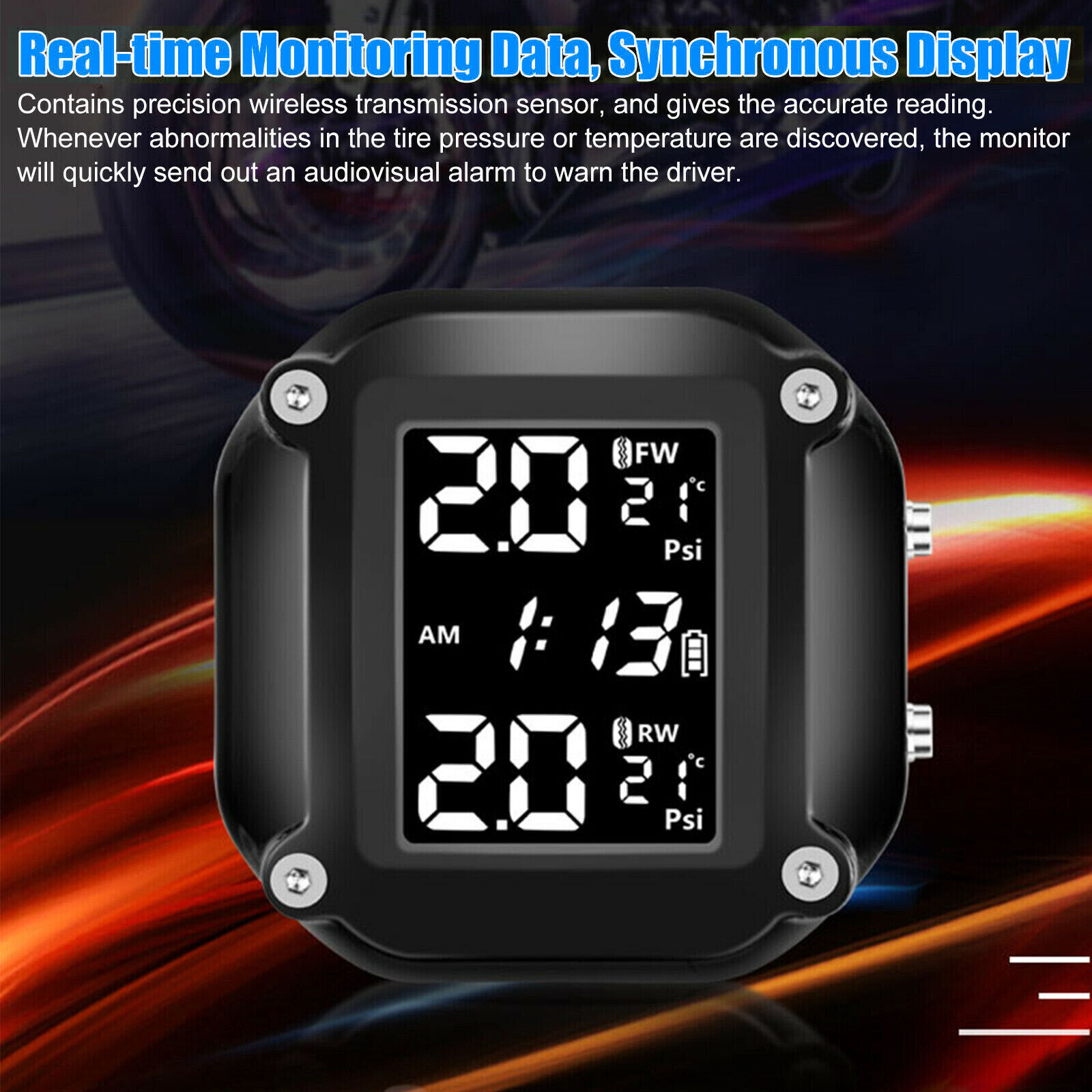 Wireless Motorcycle TPMS Tire Tyre Pressure Monitor System + 2 External Sensors