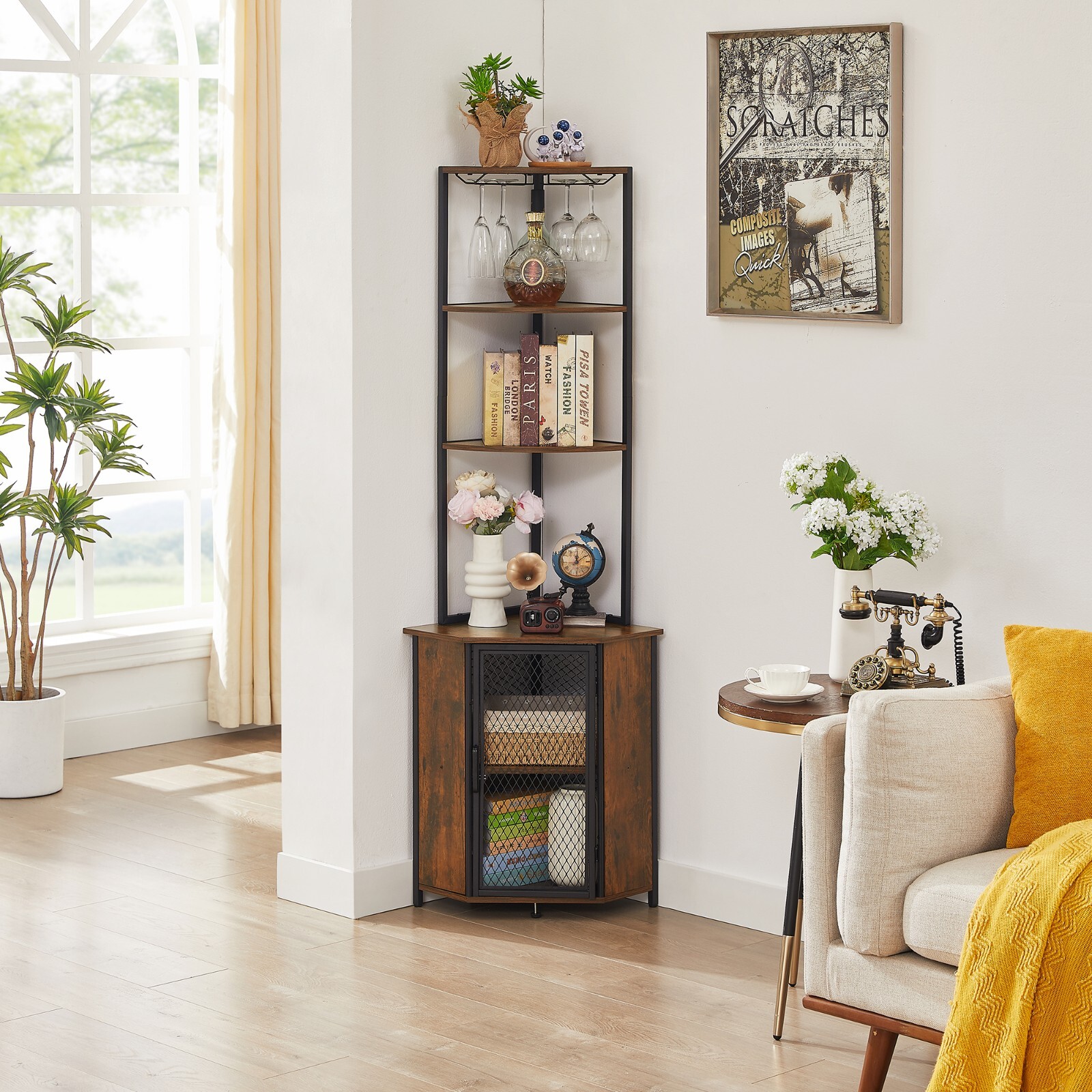 5-Tier Corner Shelf Tall Bookcase Storage Cabinet with Wine Rack Display Rack