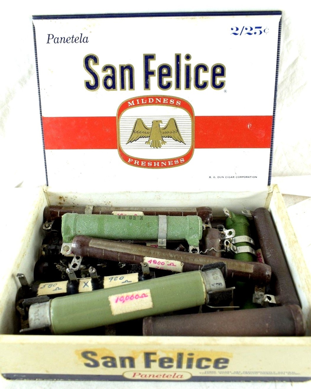 1930's-40's Vintage Tube Radio Resistors Transistors Big Lot 2 Cigar Boxes Full