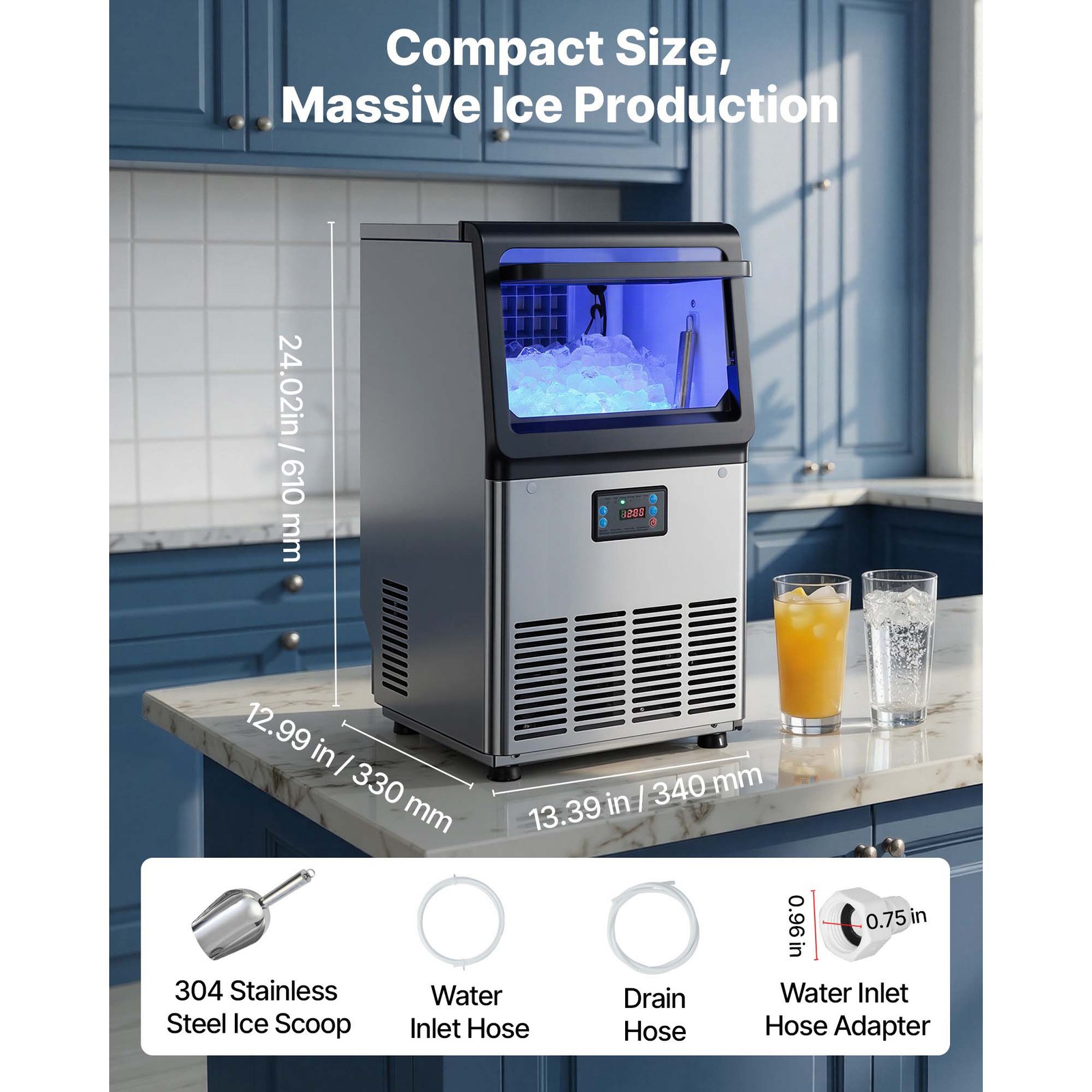 Uimoso Commercial Ice Maker 80 lbs/24h with 13lbs Storage for Bar and Restaurant