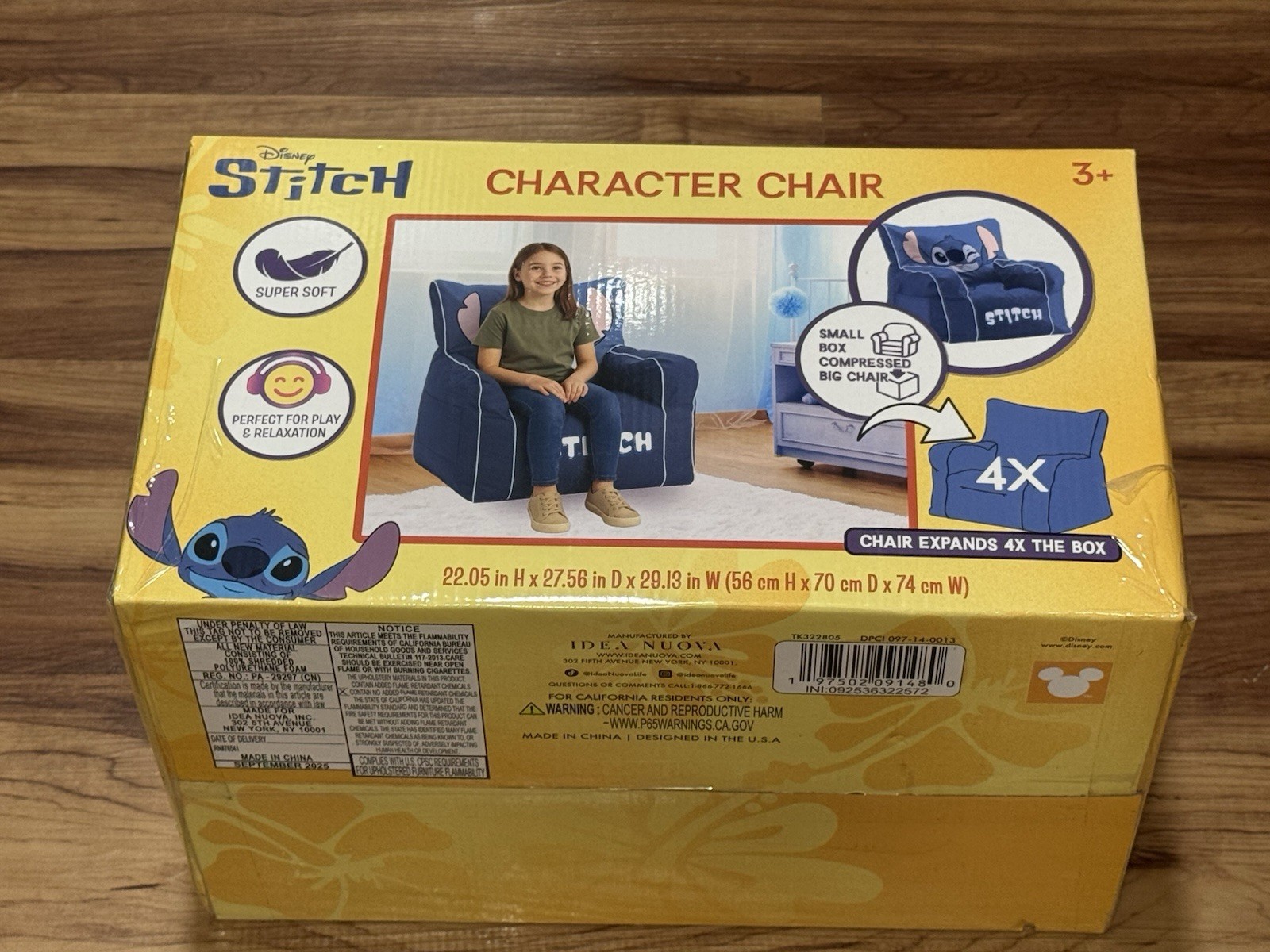 Disney Stitch Kids' Compressed Foam Plush Chair Blue, Expands 4X Box, Ages 3+