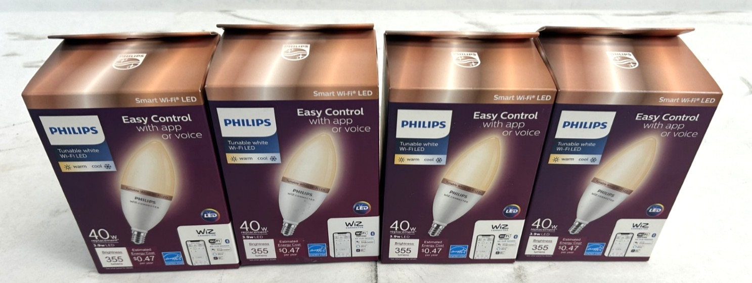 Lot of 4 -Philips Wiz 40W Tunable White Wi-Fi LED Bulb E12 -FREE S/H