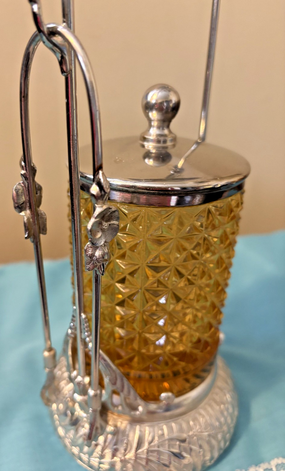 Antique Amber Glass Silver Plate Floral & Vines Pickle Castor with Tongs Signed