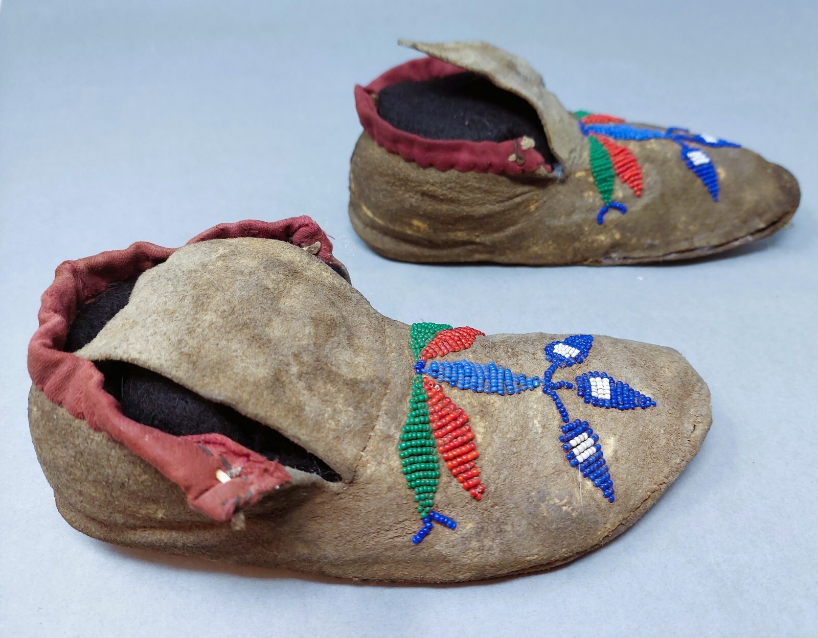Santee Sioux Blue, Green, Red Childs Moccasins Ca: 1880 Sinew & Thread Sewn