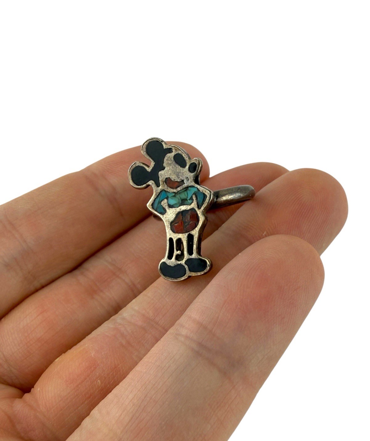 Vintage Mickey Mouse Sterling Silver Onyx/Coral Turquoise Ring & 2 Pendants