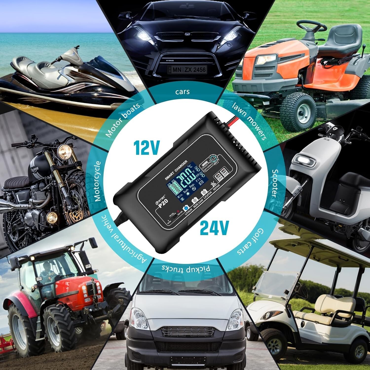 20-Amp Smart Battery Charger,12V/20A and 24V/10A.Lithium,Lifepo4,Lead-Acid(AGM/G