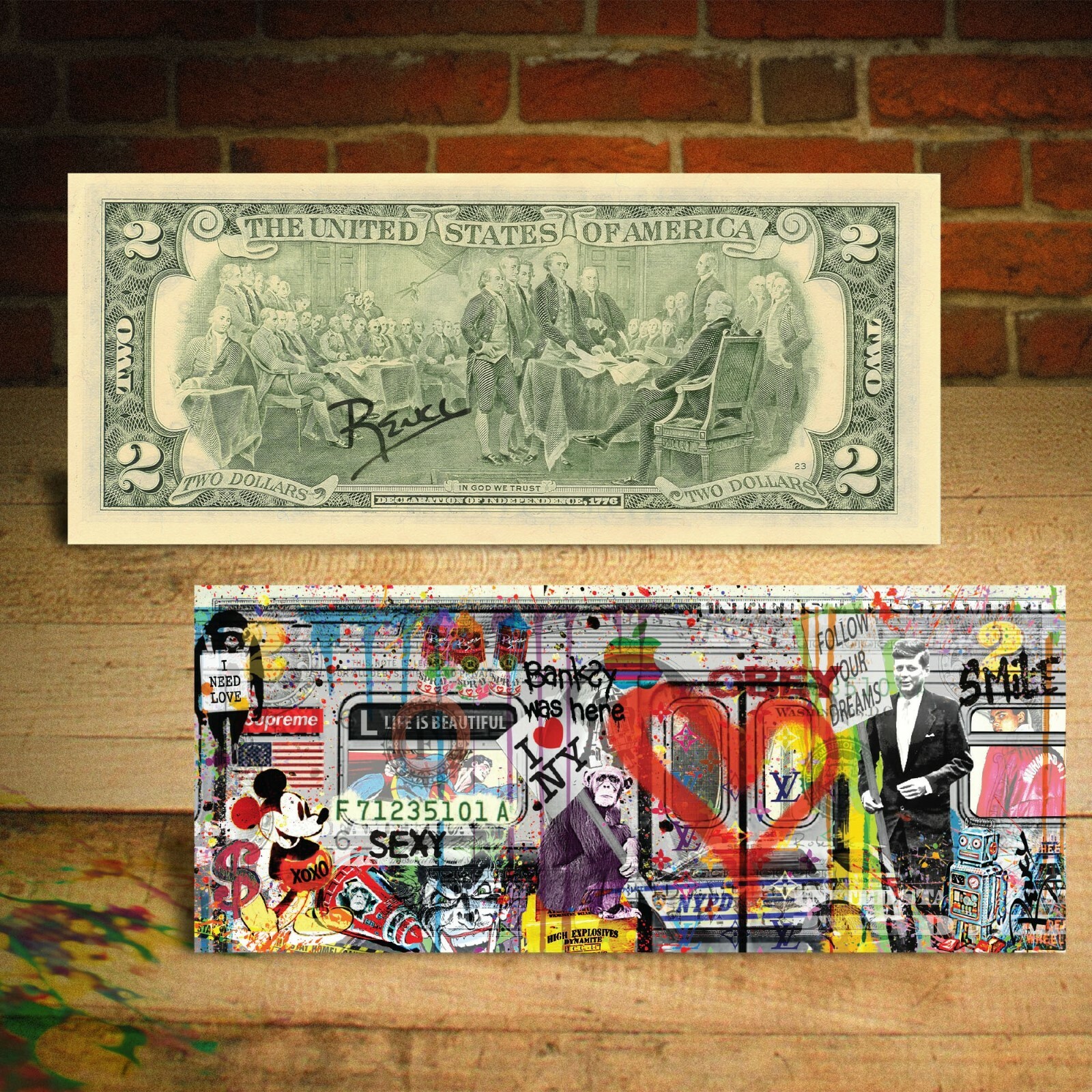 NYC SUBWAY CAR GRAFFITI Mickey Superman Ali JFK Banksy Art $2 Bill SIGNED Rency