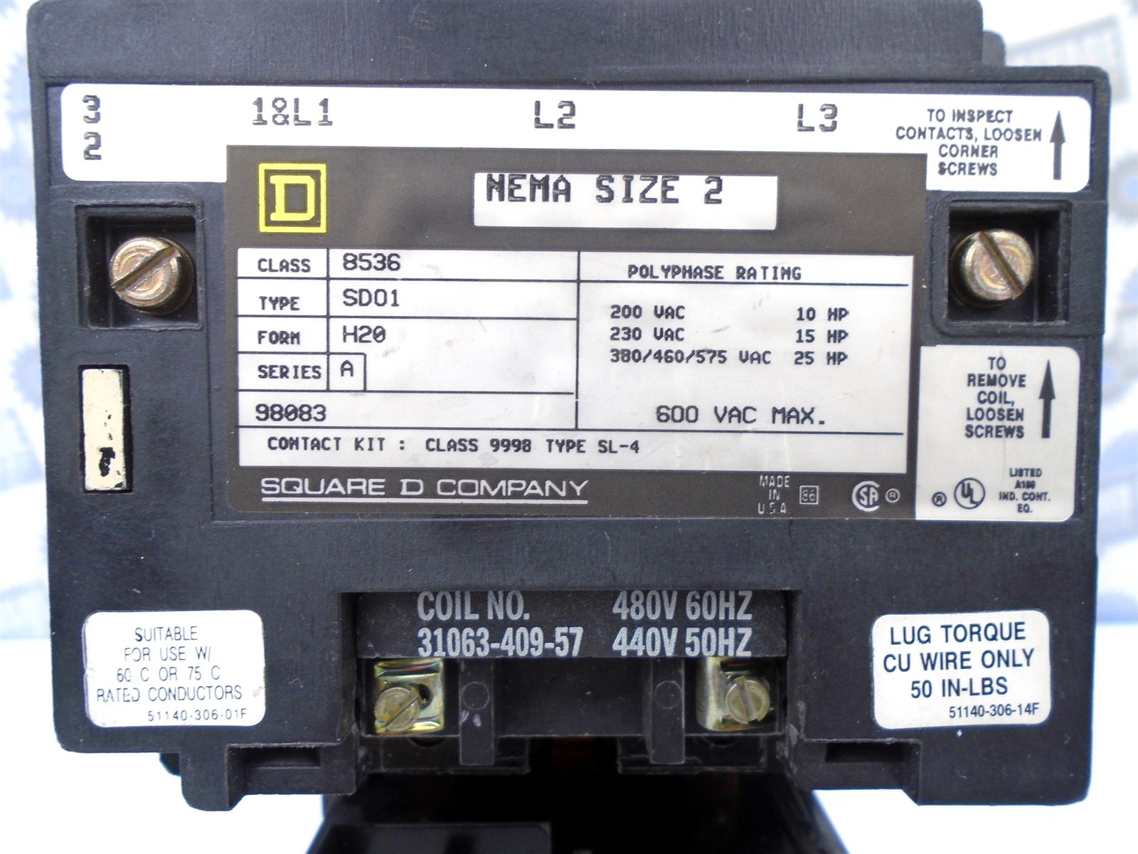 SQUARE-D 8536SDO1H20 Sz2 MOTOR STARTER LOGIC 10-25HP Coil 480V 45A New CONTACTS