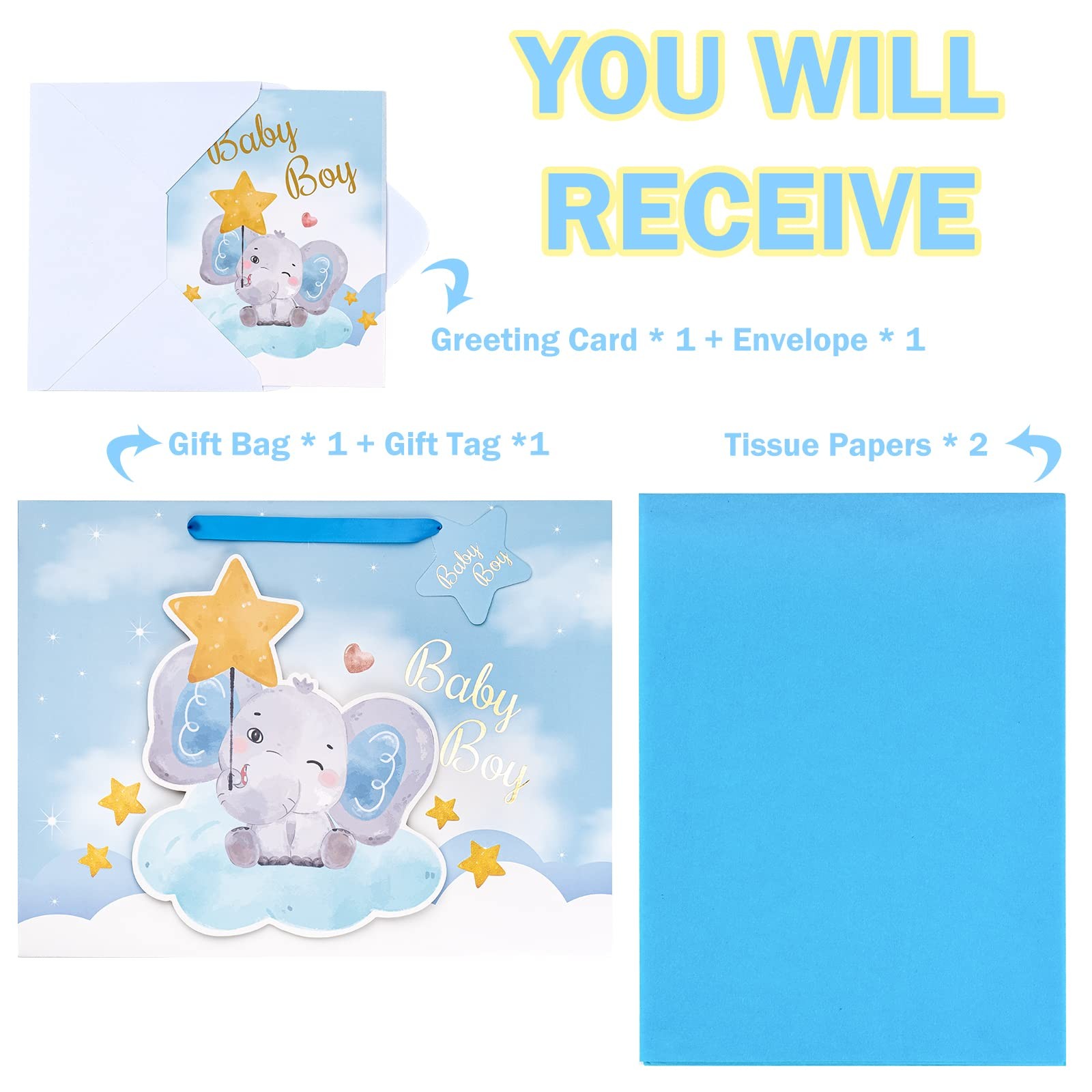 16" Extra Large Baby Boy Gift Bag with Card and Tissue Paper - For Baby Shower