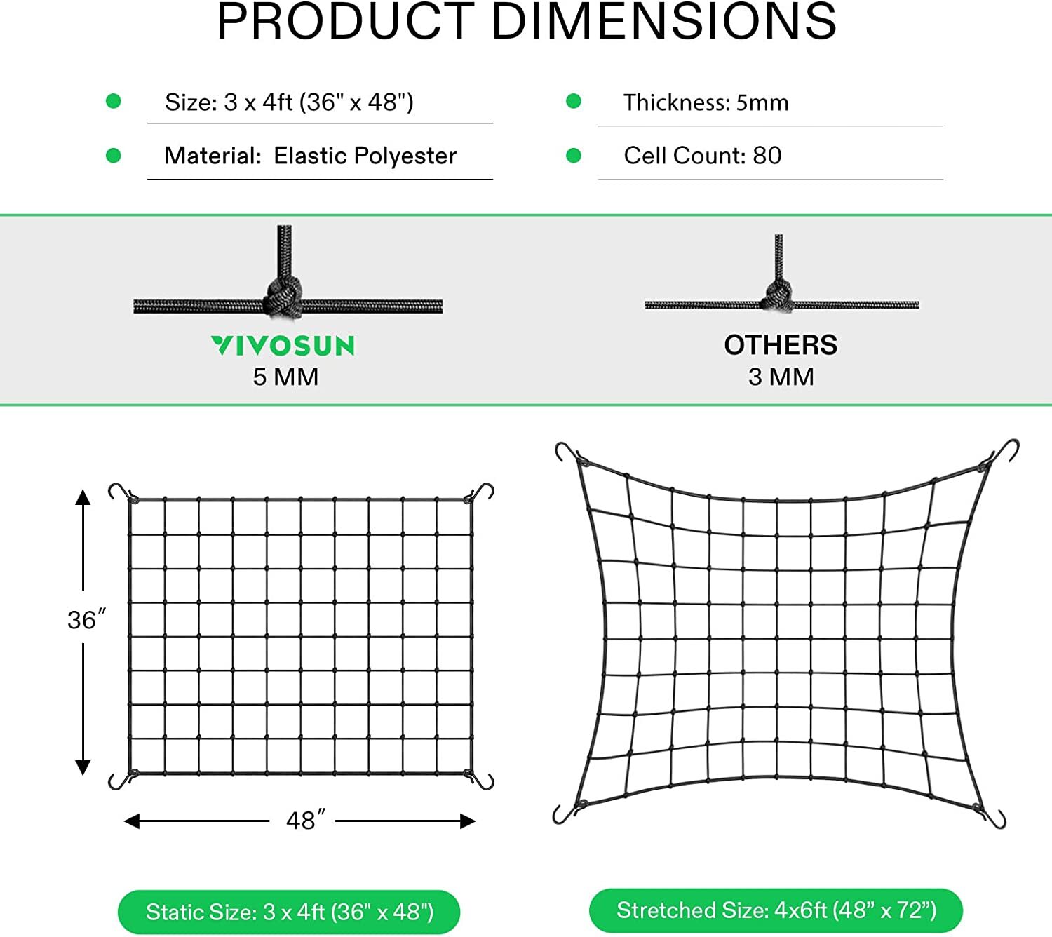 VIVOSUN 2x4'/3x3'/4x4' Elastic Trellis Netting 3mm thick for Grow Tent Gardening