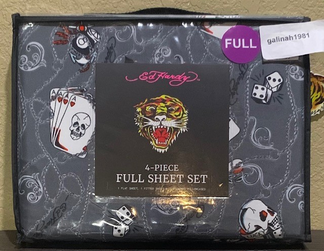 Ed Hardy Grey w/Chains, Cards, Dice, "7", Lucky Skulls &Logos 4pc FULL Sheet Set