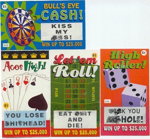 4 ASSORTED RUDE CURSE OUT FAKE LOTTO LOTTERY TICKET SET - Gag Prank Adult Joke