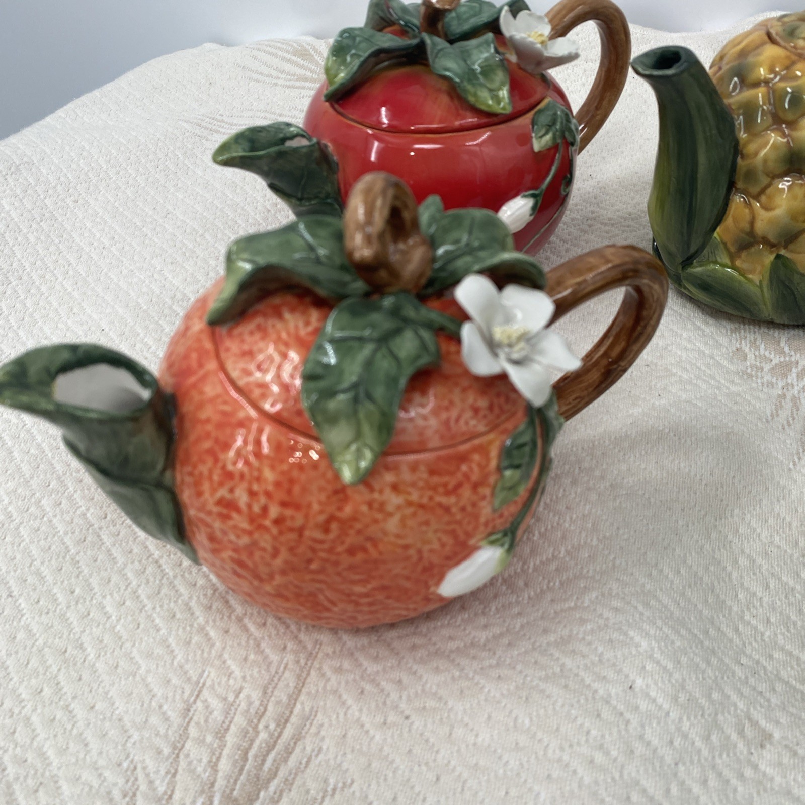 Vtg Lot 6 Ceramic Fruit Teapots: pair, Pineapple Peach Pomegranate & Watermelon