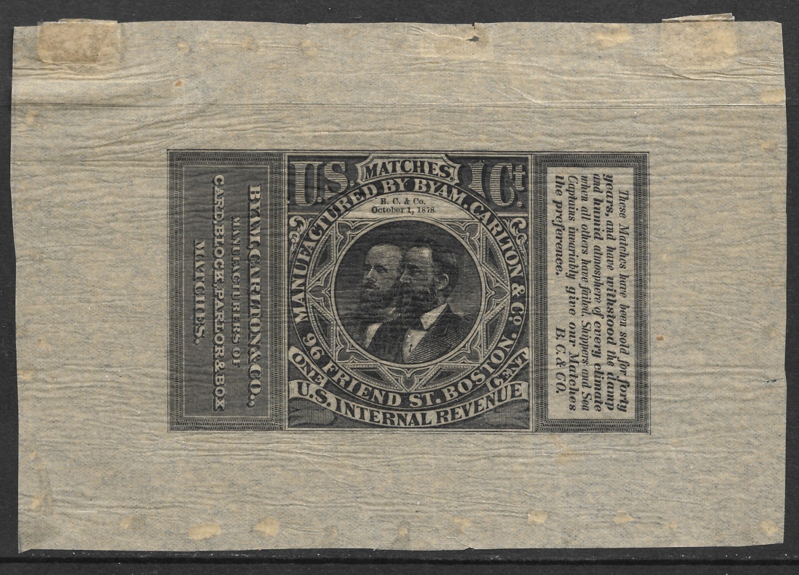 US Scott RO56 Byam, Carlton Co. Match Tax Revenue Private Die Proprietary 1878.